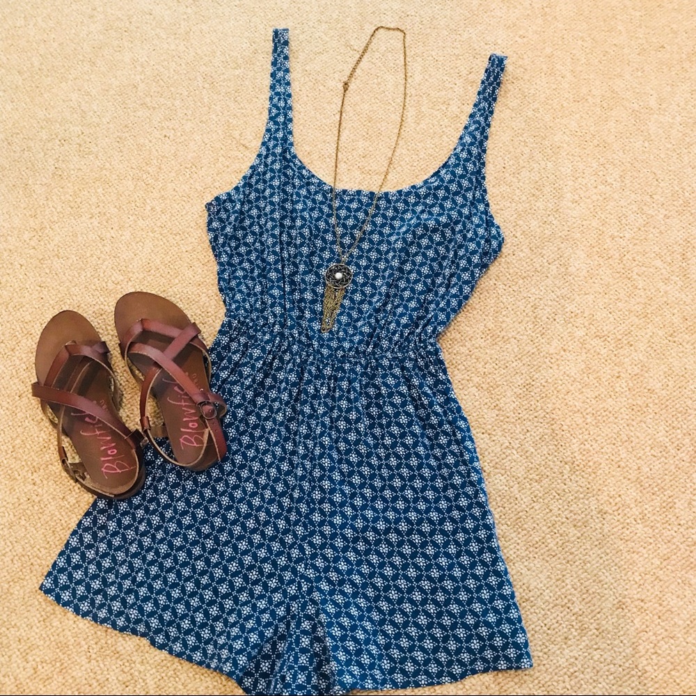 Blue patterned tank top romper with open back